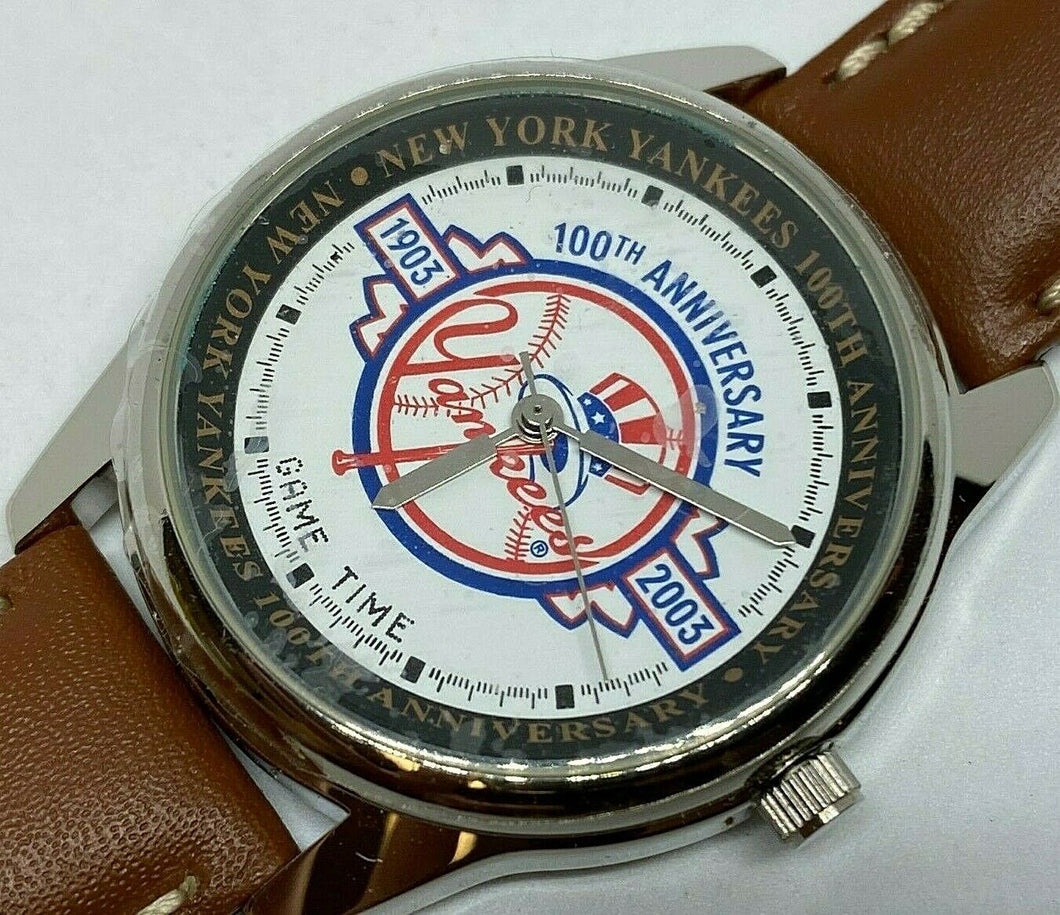 Yankees 100 Anniversary Game Time Men Leather Analog Quartz Watch Hours~New Batt