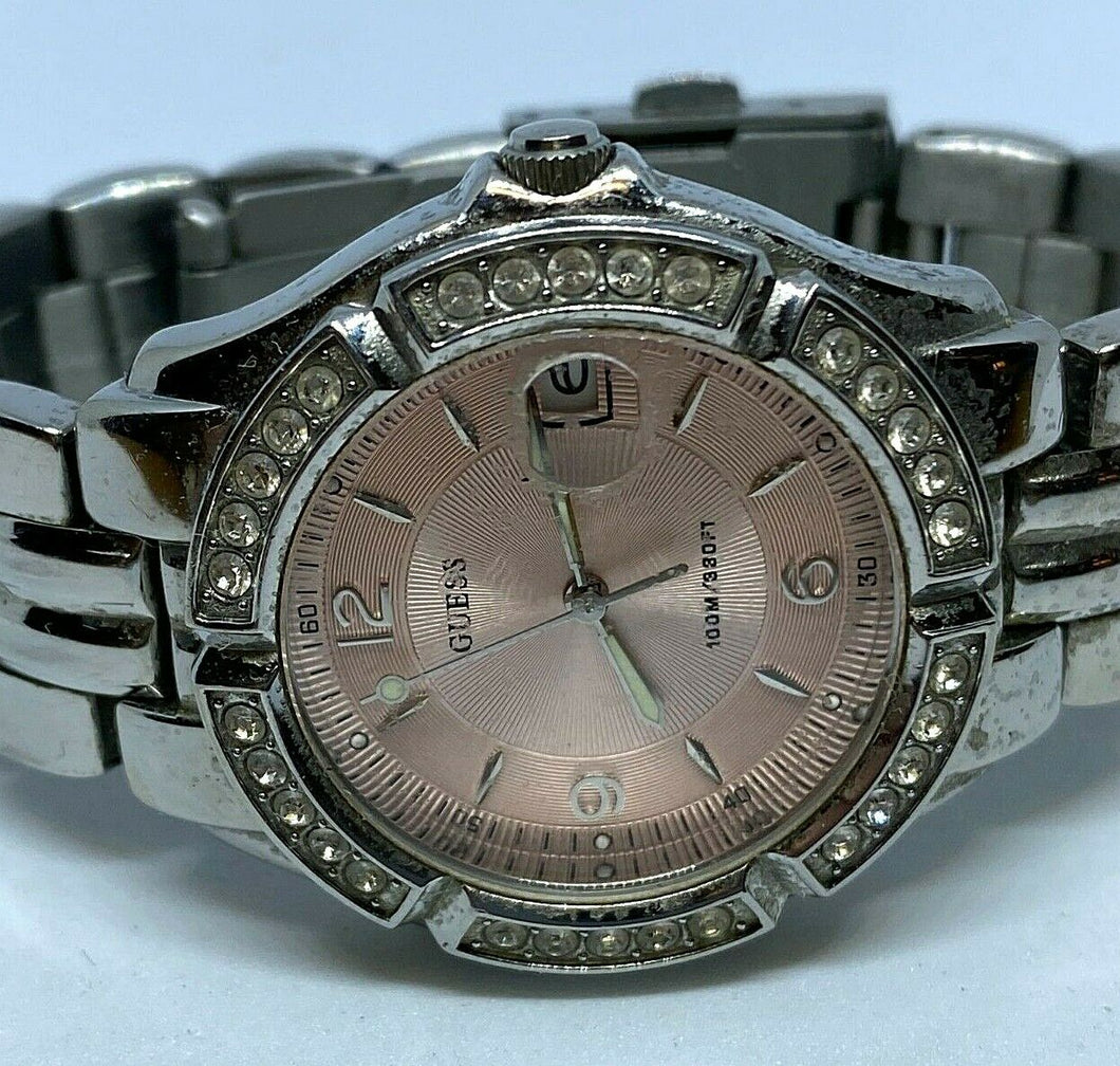 Guess Lady 100m Silver Steel Rhinestone Analog Quartz Watch Hour~Date~New Batter