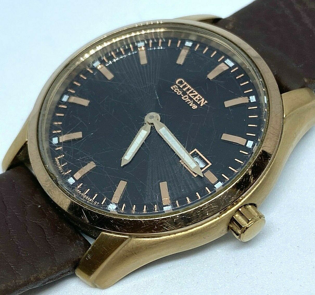 Citizen Eco-Drive J166 Men Gold Tone Steel Leather Analog Quartz Watch Hour~Date