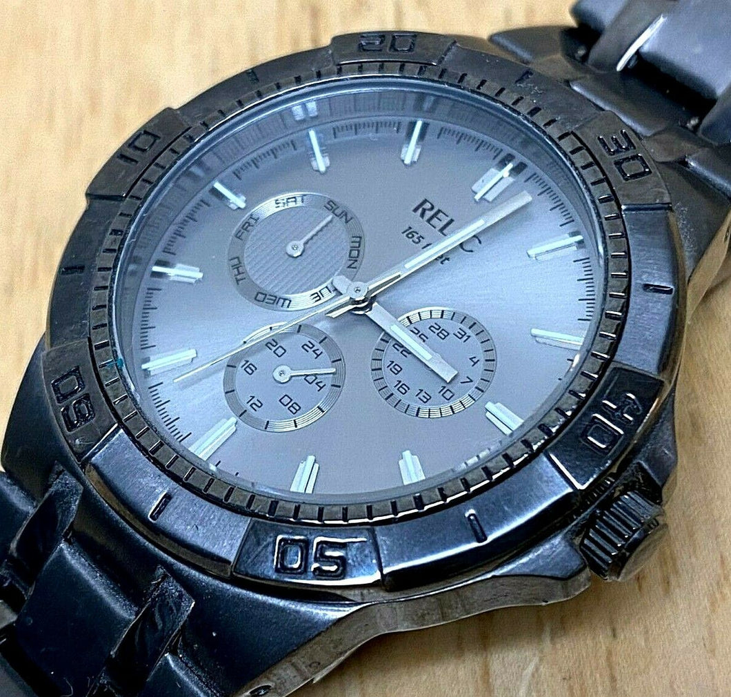 Relic Mens 50m Moving Bezel Steel Analog Quartz Watch Hours~Day Date~New Battery