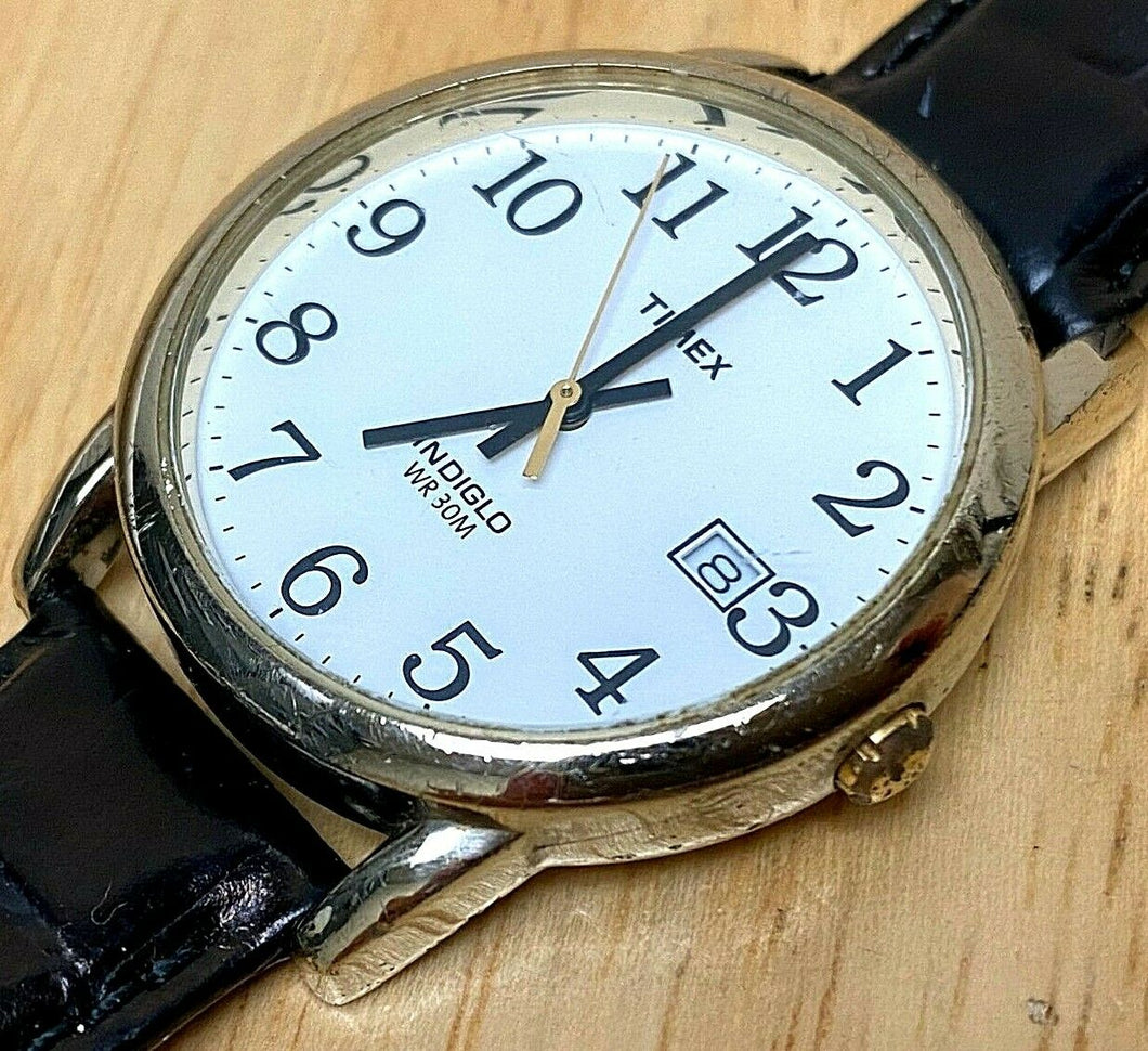 Timex Men 30m Gold-White Leather Band Analog Quartz Watch Hours~Date~New Battery