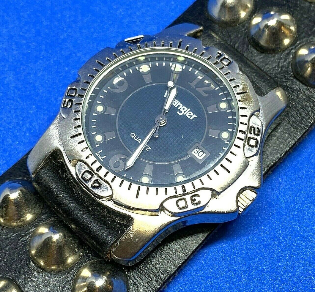 Wrangler Men Studded Bund Band Moving Bezel Analog Quartz Watch Hour~New Battery