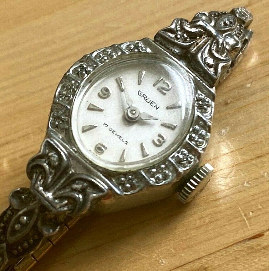 VTG Gruen Lady 17J 10k GF Band 10 Real Diamonds Hand-Wind Mechanical Watch Hours