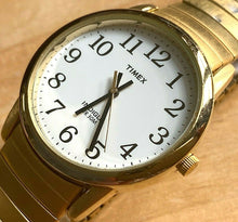 Load image into Gallery viewer, Timex Indiglo Mens 30m Gold-White Stretch Analog Quartz Watch Hours~New Battery
