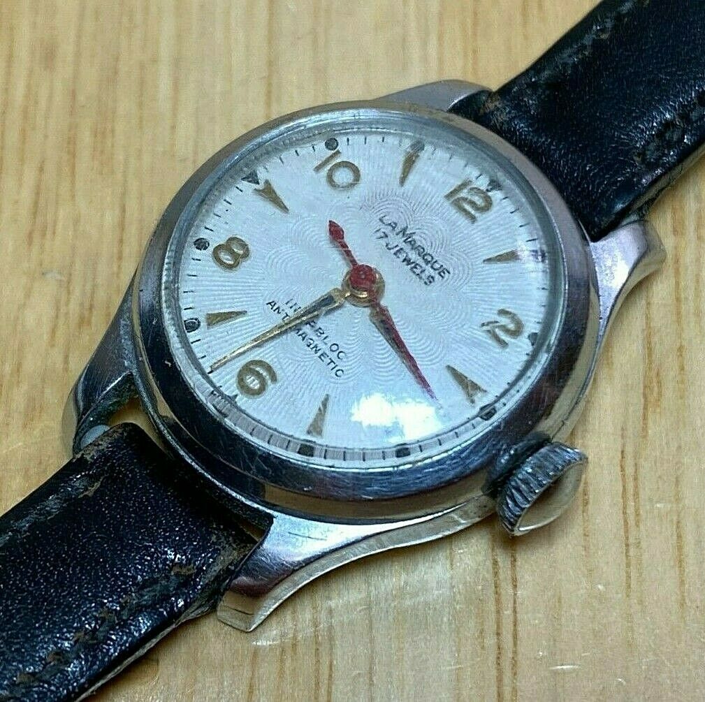 Vintage LA Marque Lady 17 Jewels Silver Leather Hand-Wind Mechanical Watch Hours