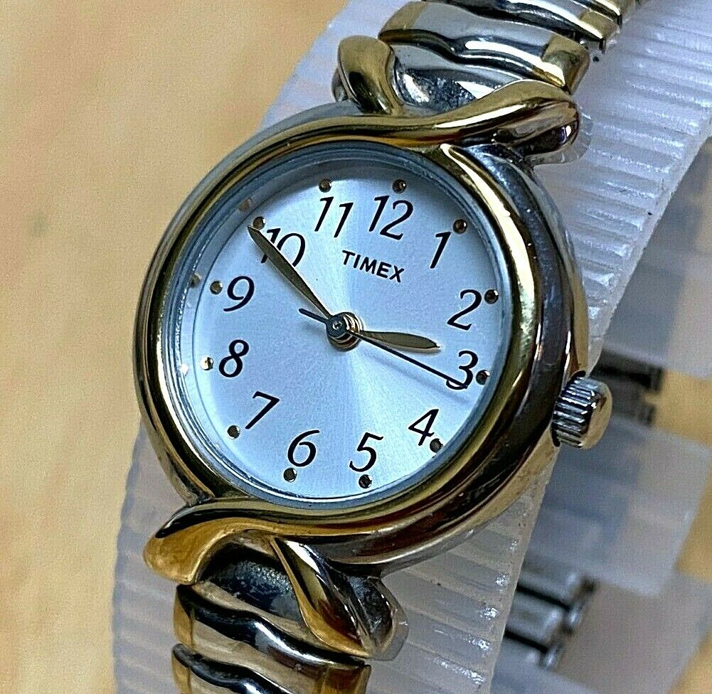Nice Timex Lady 30m Dual Tone Stretch Band Analog Quartz Watch Hours~New Battery