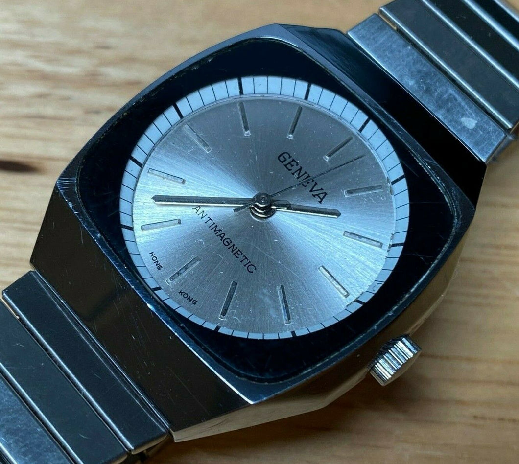 Vintage Geneva Hong Kong Men Silver Stretch Band Hand-Wind Mechanical Watch Hour