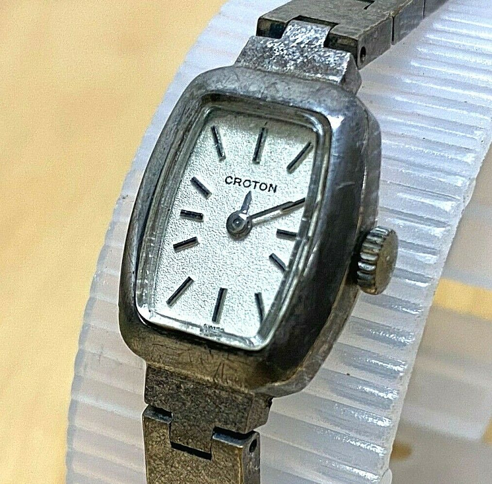 Vintage Croton Lady Silver Tone Barrel Swiss Hand-Wind Mechanical Watch Hours