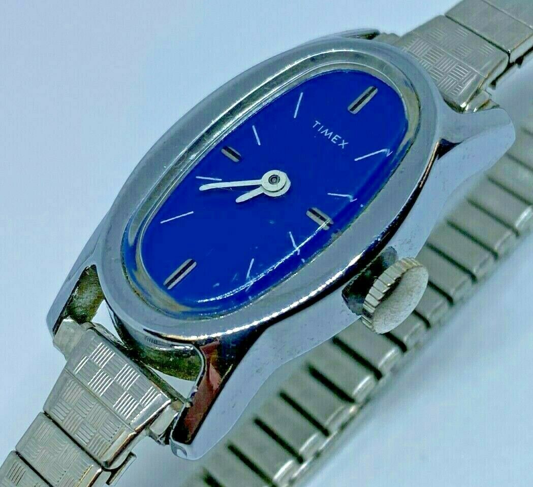 Vintage Timex Lady Silver Blue Stretch Band Hand-Wind Mechanical Watch Hours