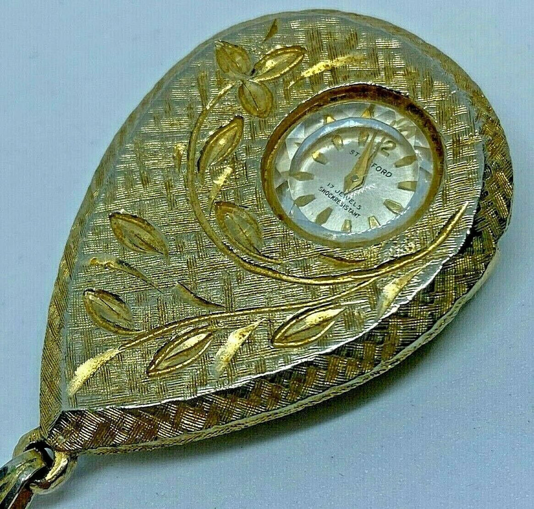 Vintage Stratford Lady Gold Tone Hand-Wind Up Necklace Pendant Pocket Watch Hour