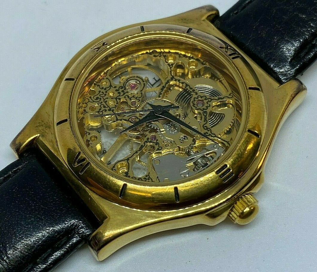 VTG Nick Of Time Mens 17 Jewels Skeleton Hand-Wind Mechanical Analog Watch Hours