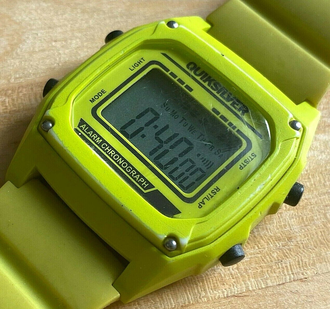 Quiksilver Men 100m Green Rectangle Digital Alarm Chrono Watch Hours~New Battery