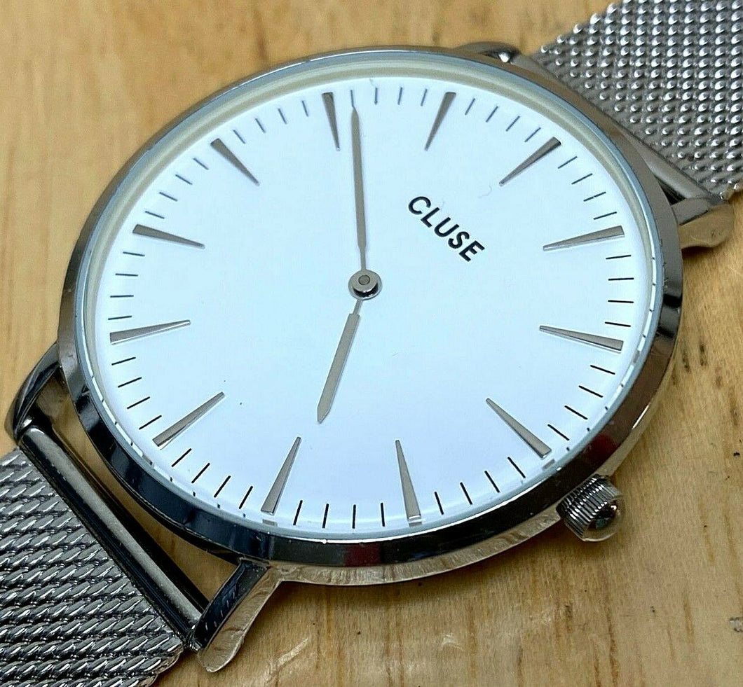 Unused Cluse Mens 30m Silver White Mesh Analog Quartz Watch Hours~New Battery