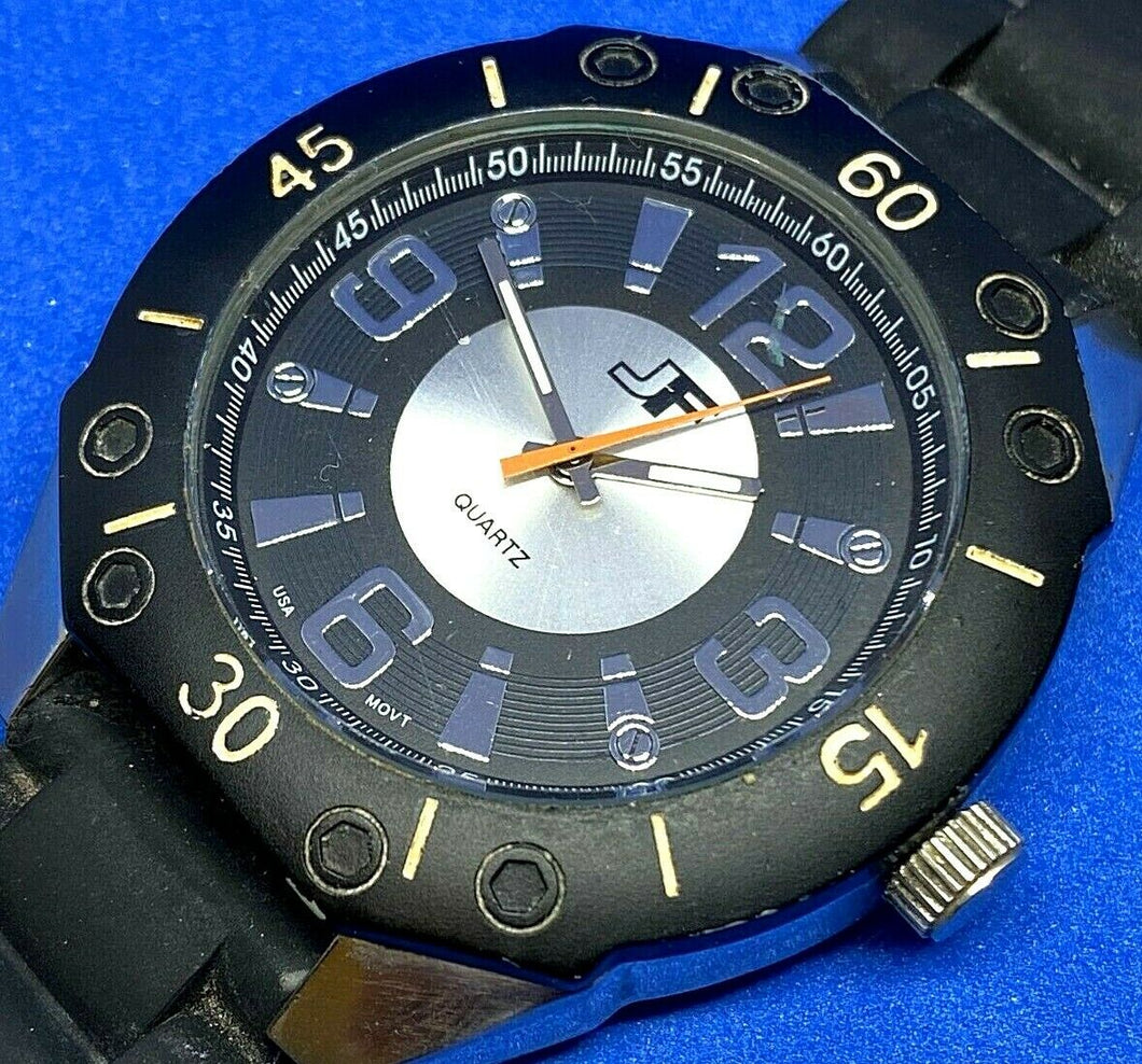 JF 32177 USA Movement Mens Silver Black Analog Quartz Watch Hours~New Battery