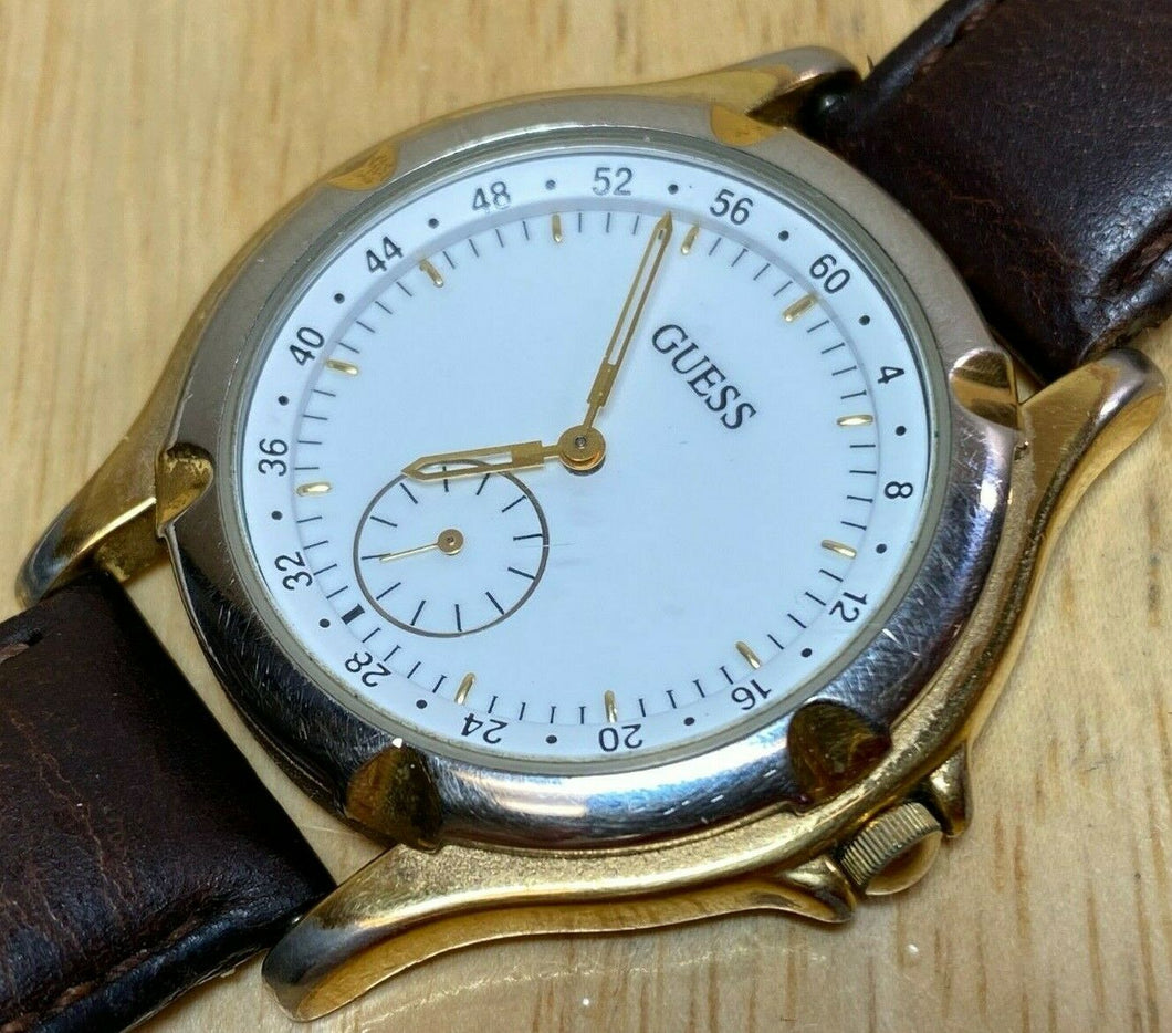Vintage GUESS Mens Small Seconds Leather Analog Quartz Watch Hours~New Battery