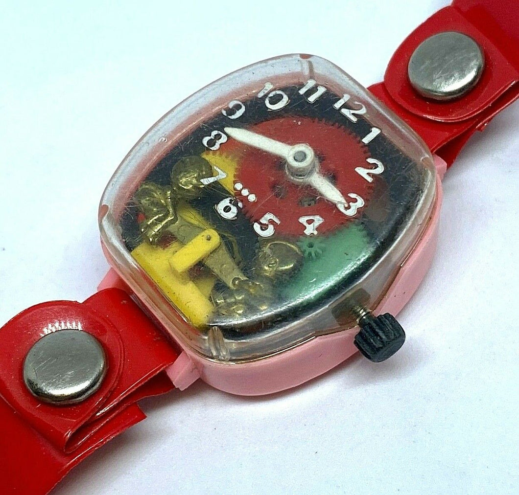 Vintage Merry USA Made Kids Pink Red Plastic Toy Hand-Wind Mechanical Watch Hour