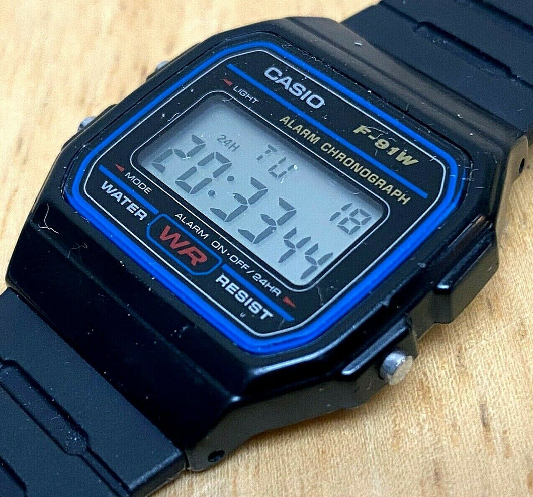 Vintage Casio F-91W Men Black Digital Alarm Chrono Quartz Watch Hour~New Battery