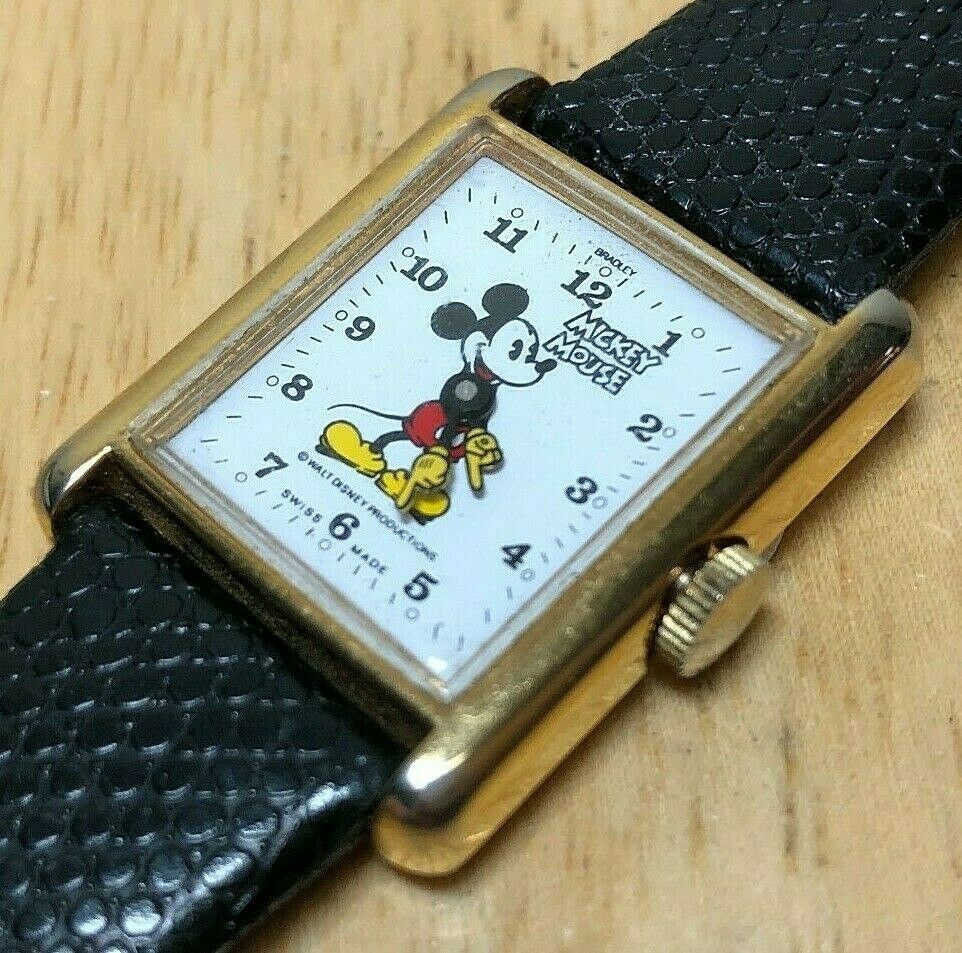 Vtg Bradley Disney Mickey Rectangle Swiss Hand-Wind Mechanical Watch~Run &Stop