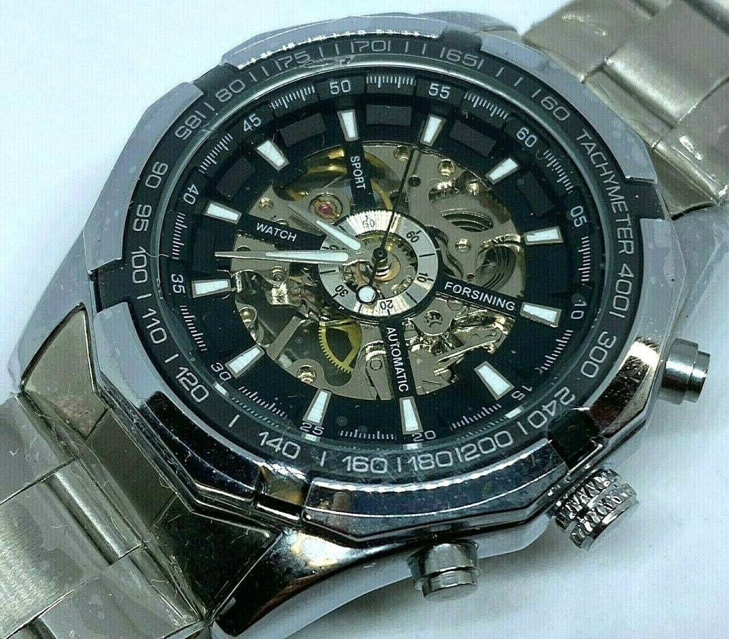 Unused Forsining Men Silver 30m Skeleton Hand-Wind Mechanical Analog Watch Hours