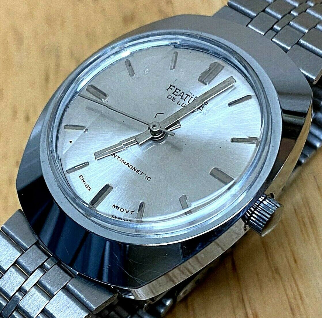 Vintage Feature Deluxe Mens Silver Swiss Movt Hand-Wind Mechanical Watch Hours