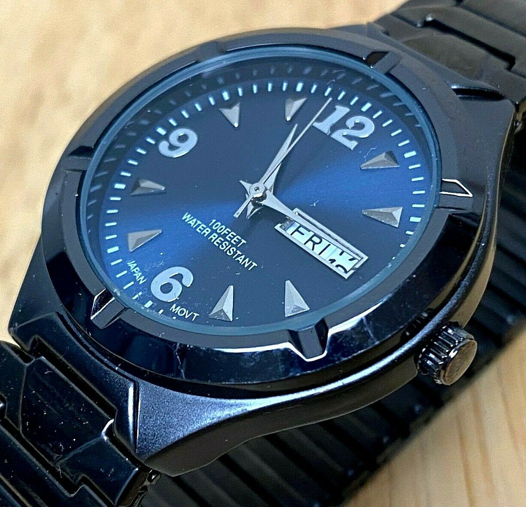 FMD Men Japan Movt Black Blue Stretch Analog Quartz Watch Hour~Day Date~New Batt