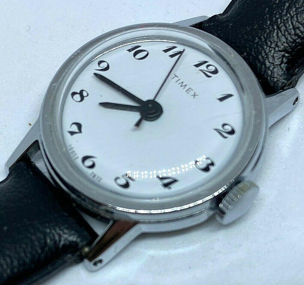 Vintage Timex Lady Classic Silver White Leather Hand-Wind Mechanical Watch Hours