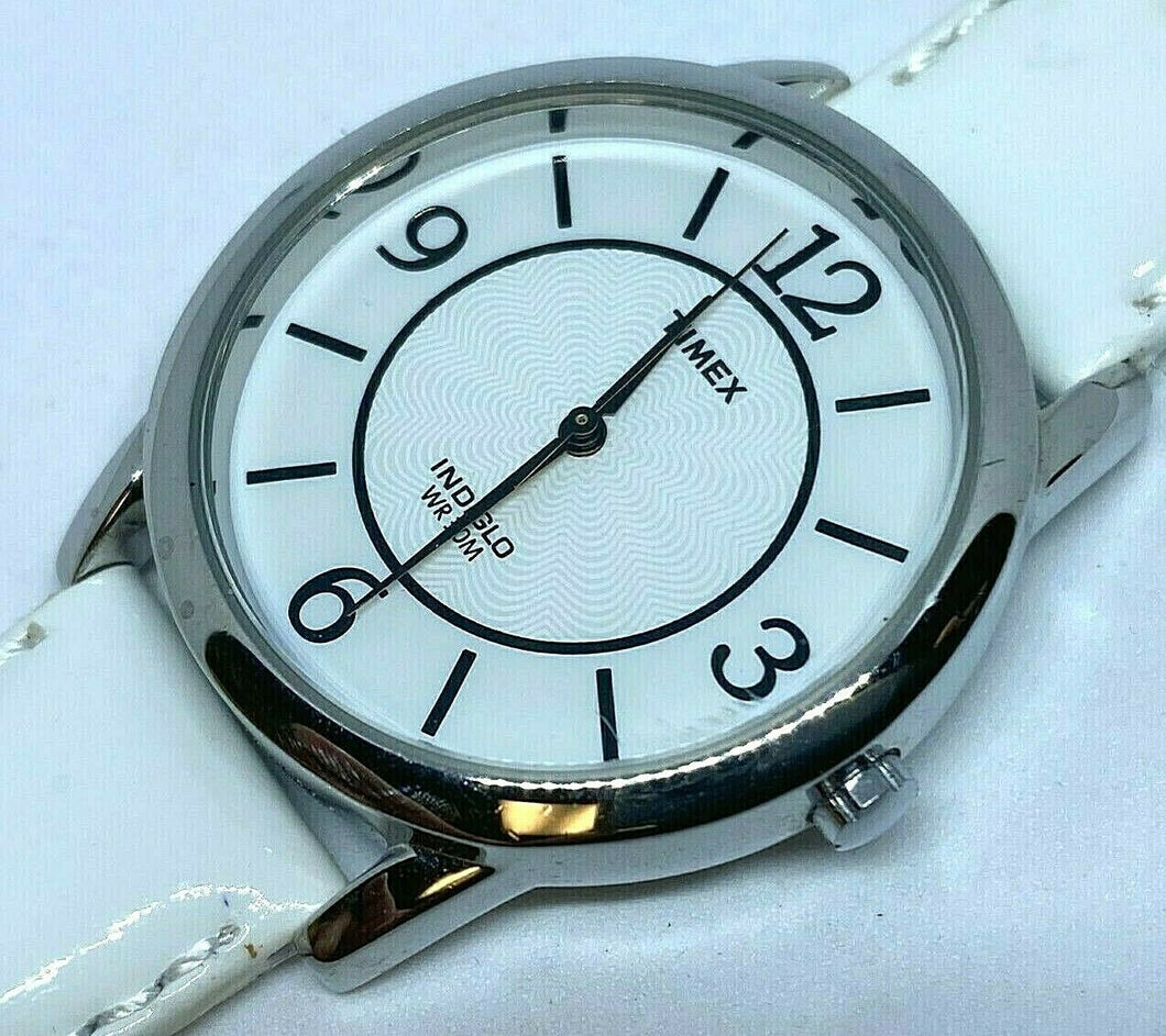 Timex Men Silver White Textured Dial Leather Analog Quartz Watch Hour~New Batter