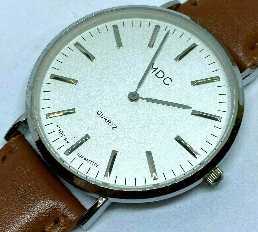 Clean MDC By Infantry Mens Silver Leather Analog Quartz Watch Hours~New Battery