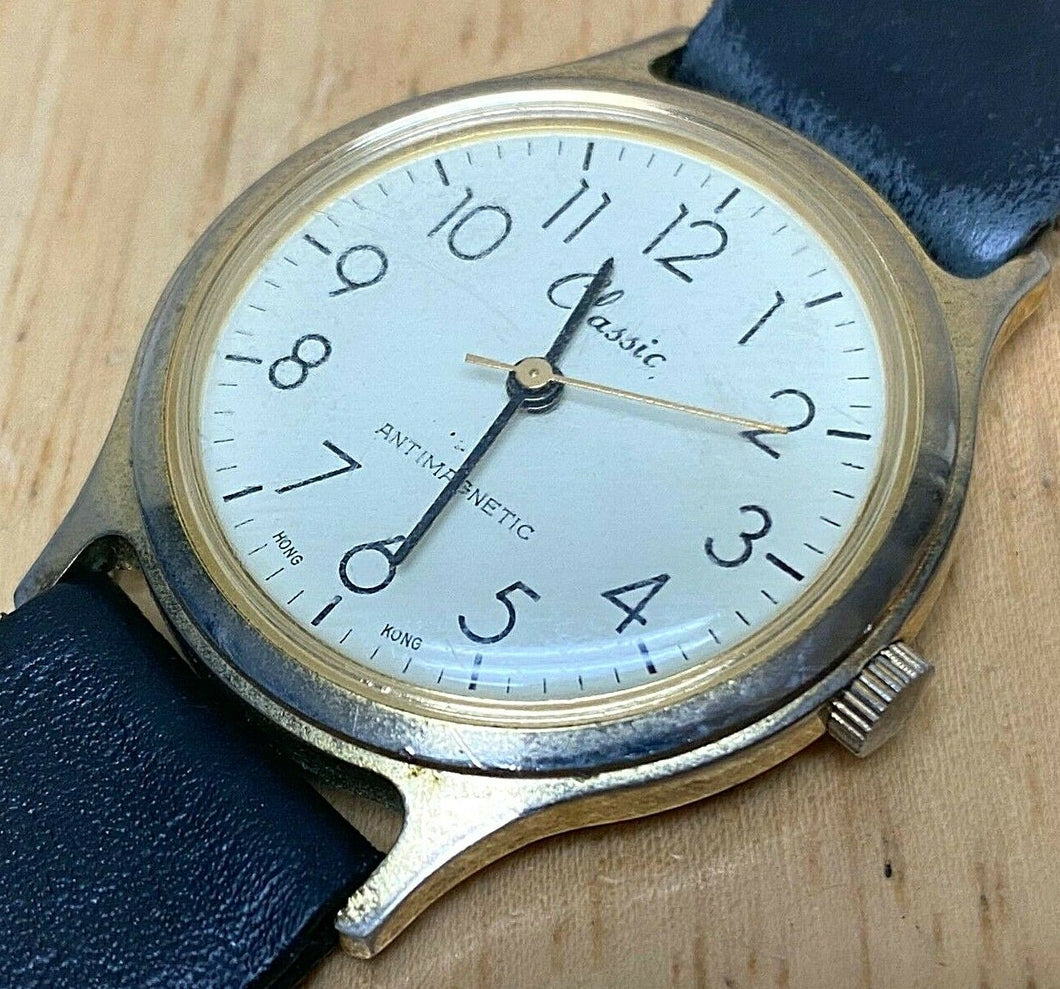 Vintage Classic Men Gold Tone Leather Band Hand-Wind Up Mechanical Watch Hours