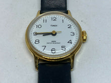 Load image into Gallery viewer, VTG Timex Lady Classic Gold Tone White Leather Hand-Wind Mechanical Watch Hours
