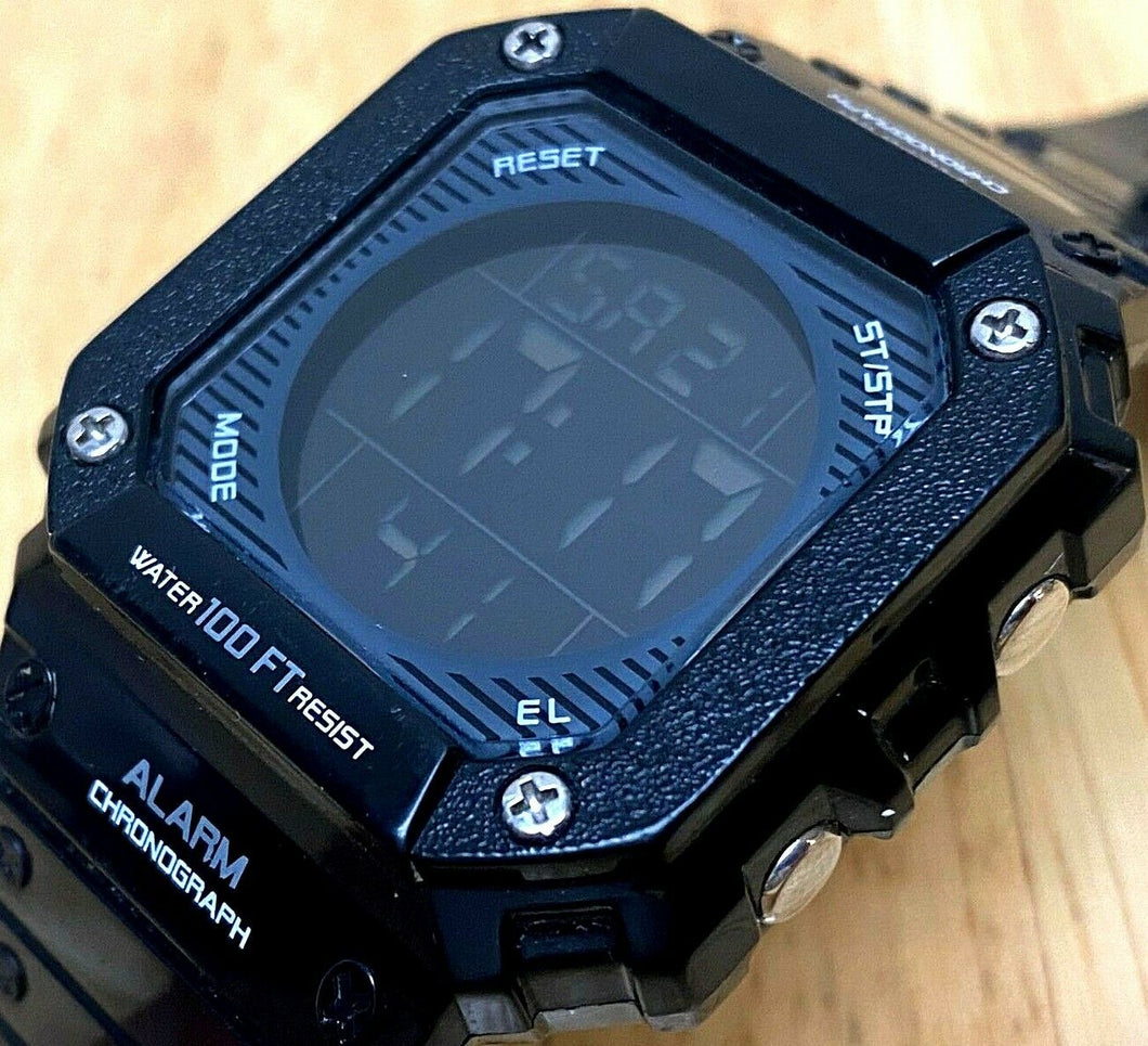 E. Gluck Men 30m Black Reverse LCD Digital Alarm Chrono Watch Hours~New Battery