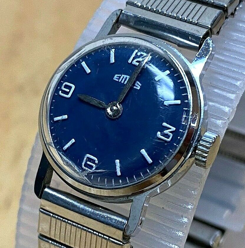 Vintage EMES Lady Rounded Silver Blue Stretch Hand-Wind Mechanical Watch Hours
