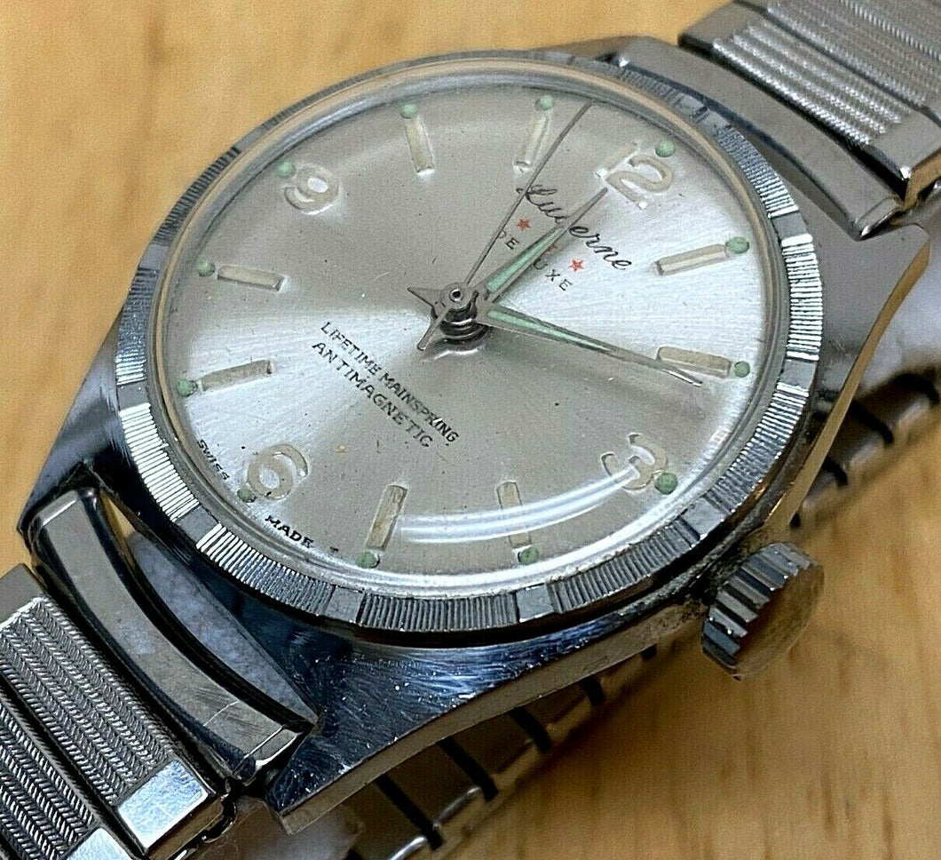 Vintage Lucerne Deluxe Swiss Mens Hand-Wind Mechanical Watch Hours~Run & Stop