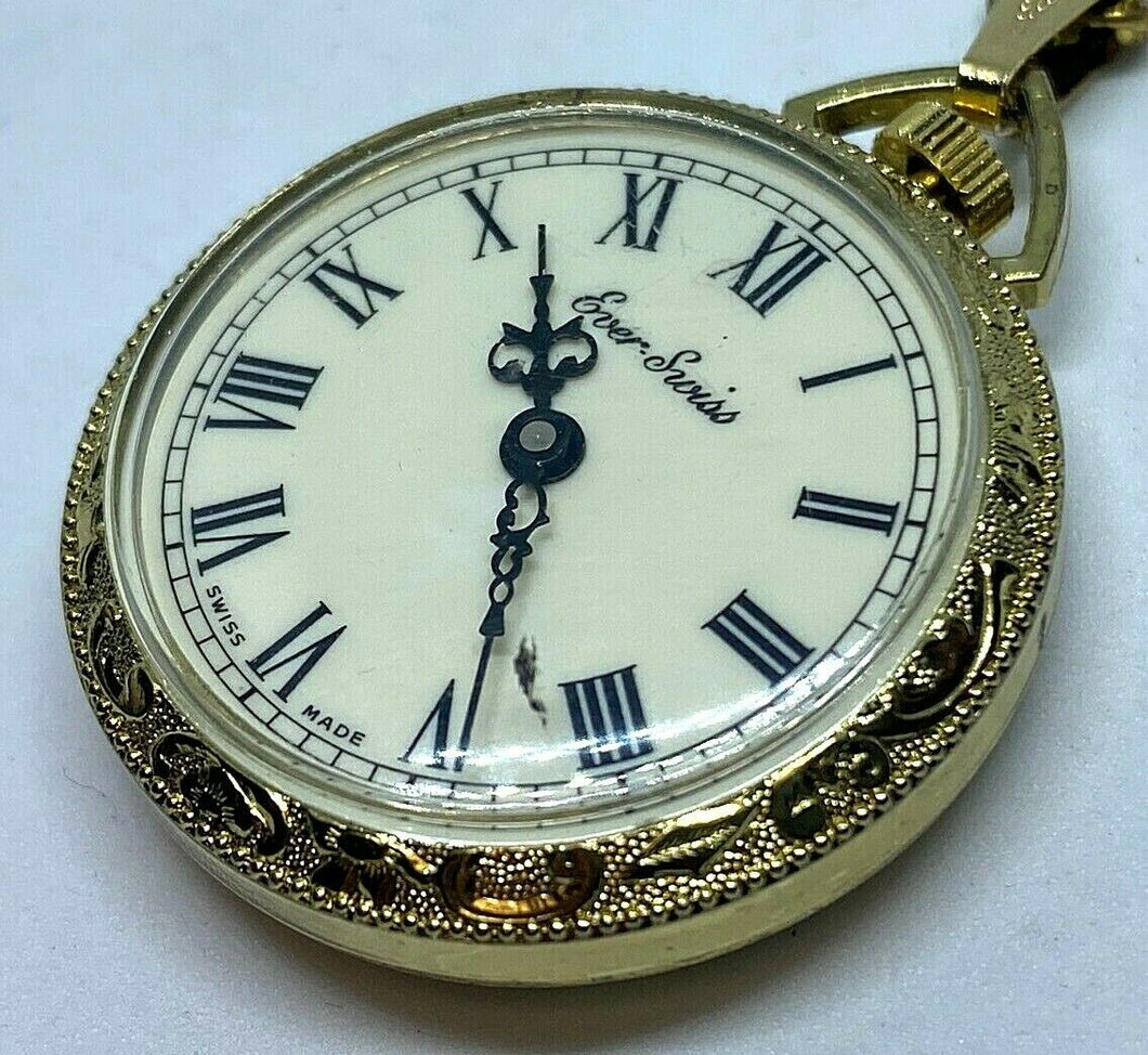 Vintage Ever Swiss Lady Ornate Gold Tone Hand-Wind Mechanical Pocket Watch Hours