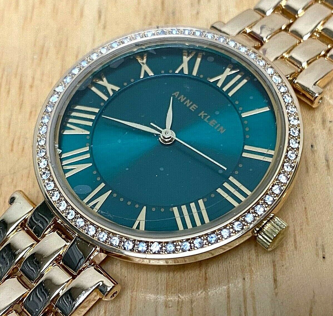 Unused Anne Klein Lady 30m Gold Tone Green Analog Quartz Watch Hours~New Battery