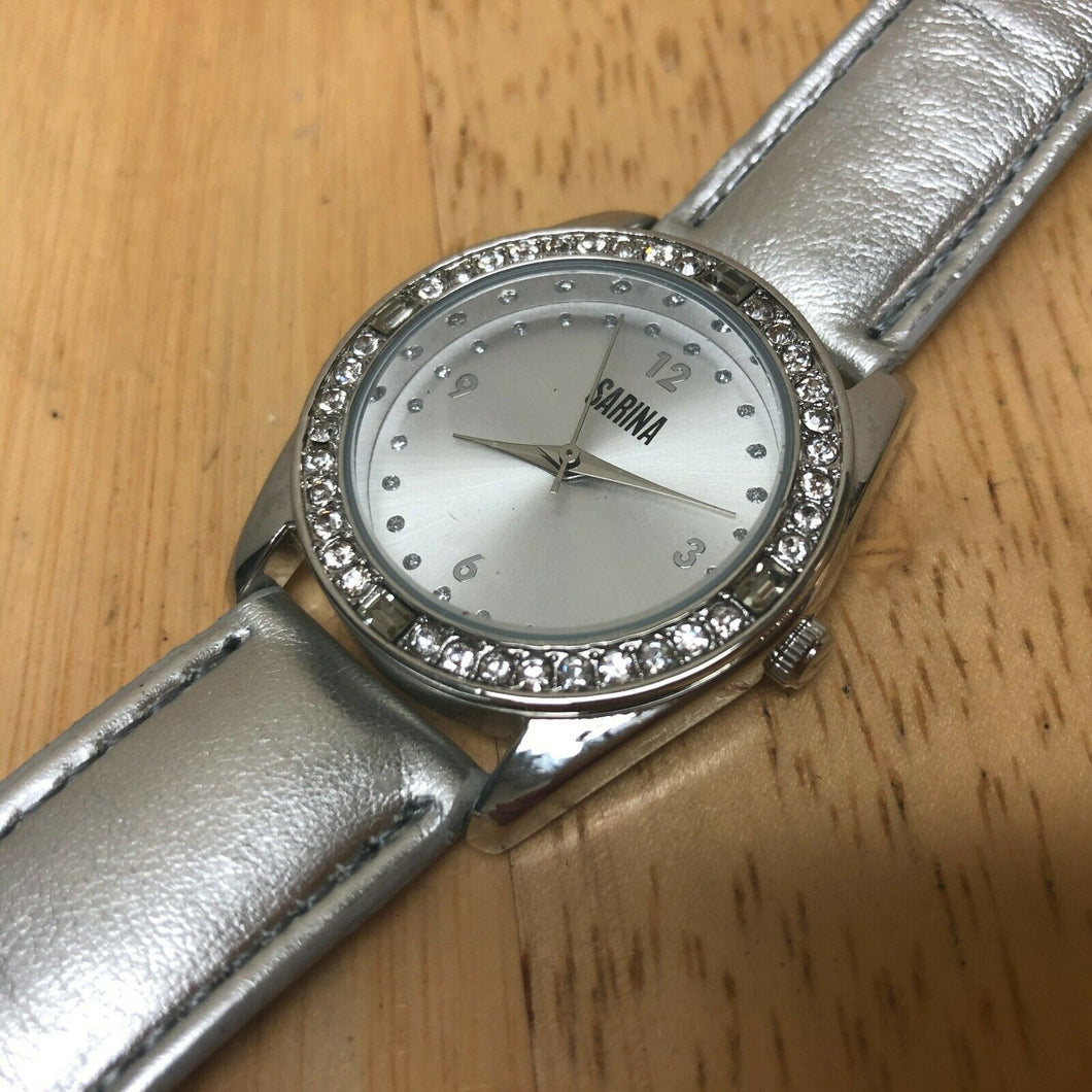 Clean Sarina Mens Lady Silver Rhinestone Analog Quartz Watch Hours~New Battery