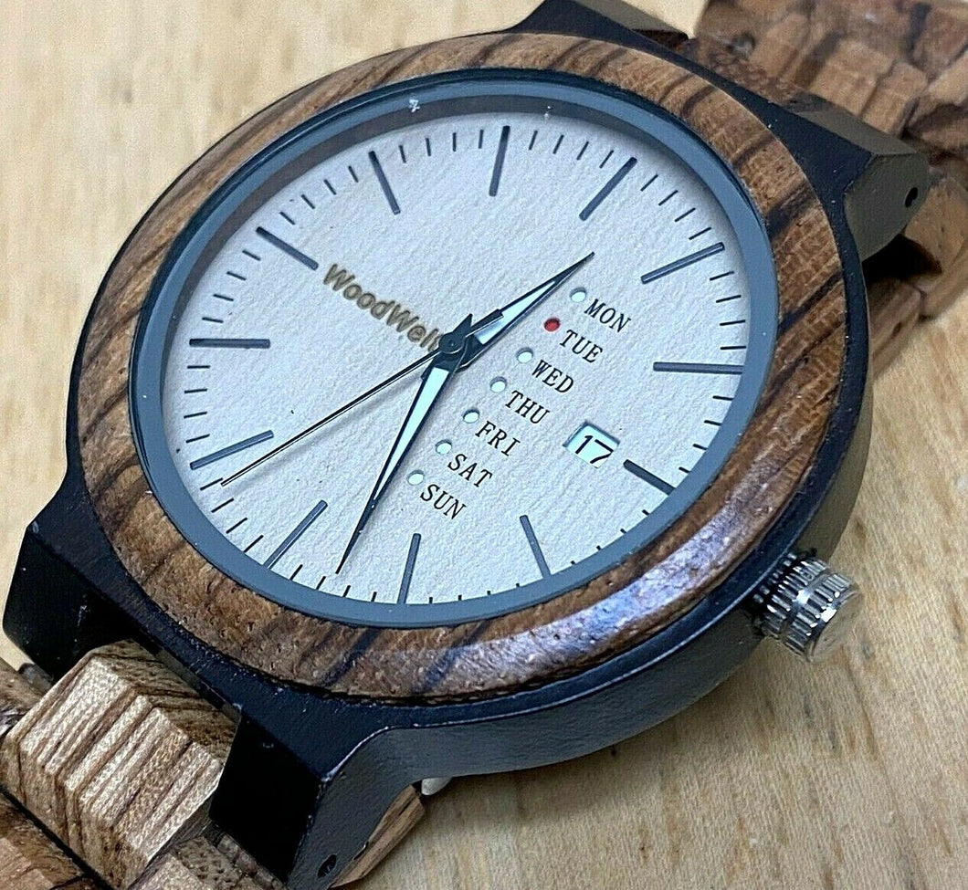 Nice Woodwelt Mens Solid Wood Analog Quartz Watch Hours~Day Date~New Battery
