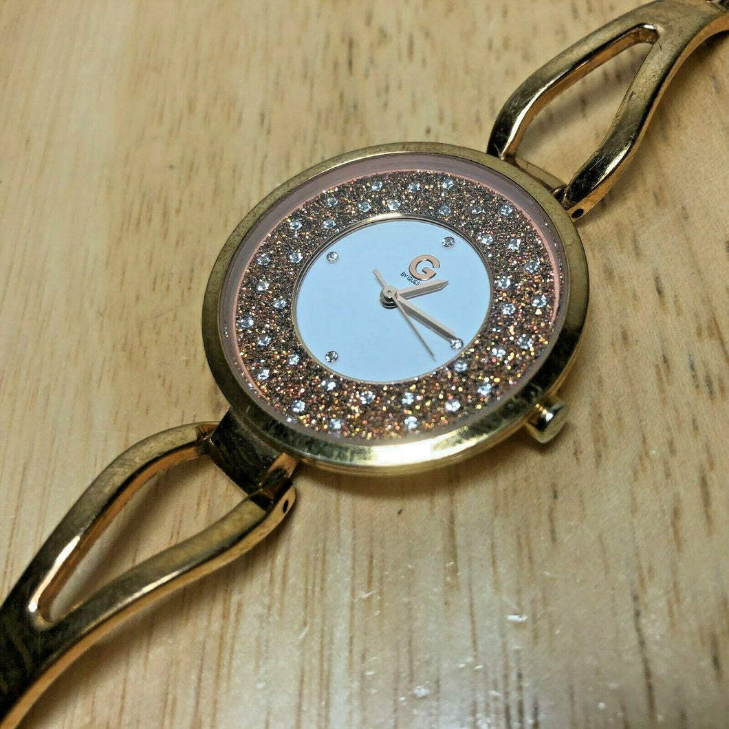G By GUESS Lady Rose Gold Tone Rhinestone Analog Quartz Watch Hours~New Batt