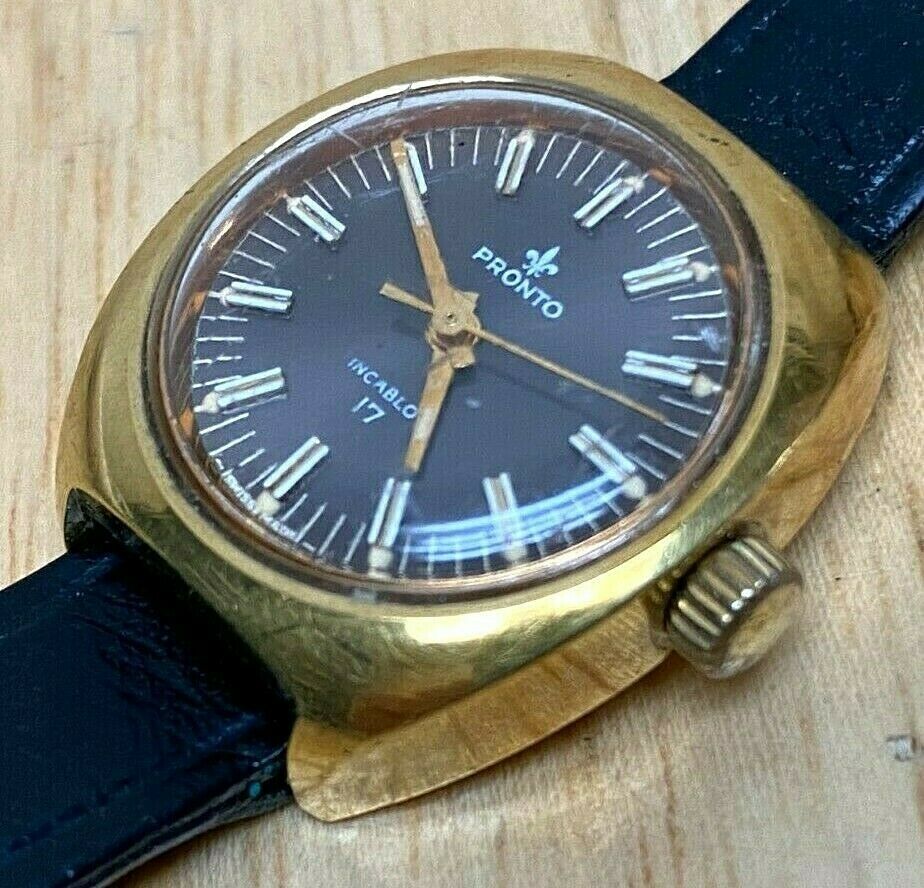 Vintage Pronto Lady 17 Jewels Gold Tone Leather Hand-Wind Mechanical Watch Hours