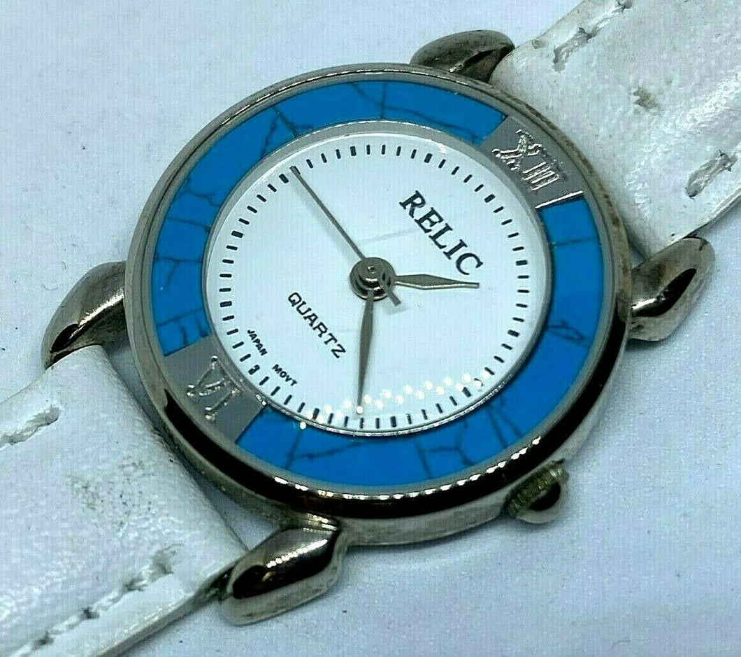 Relic ZR36021 Lady Silver White Leather Analog Quartz Watch Hours~New Battery