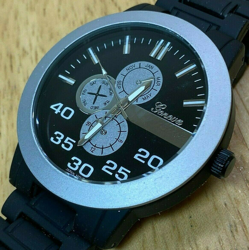 Unused Stylish Geneva Mens High Quality Black Analog Quartz Watch Hours~New Batt