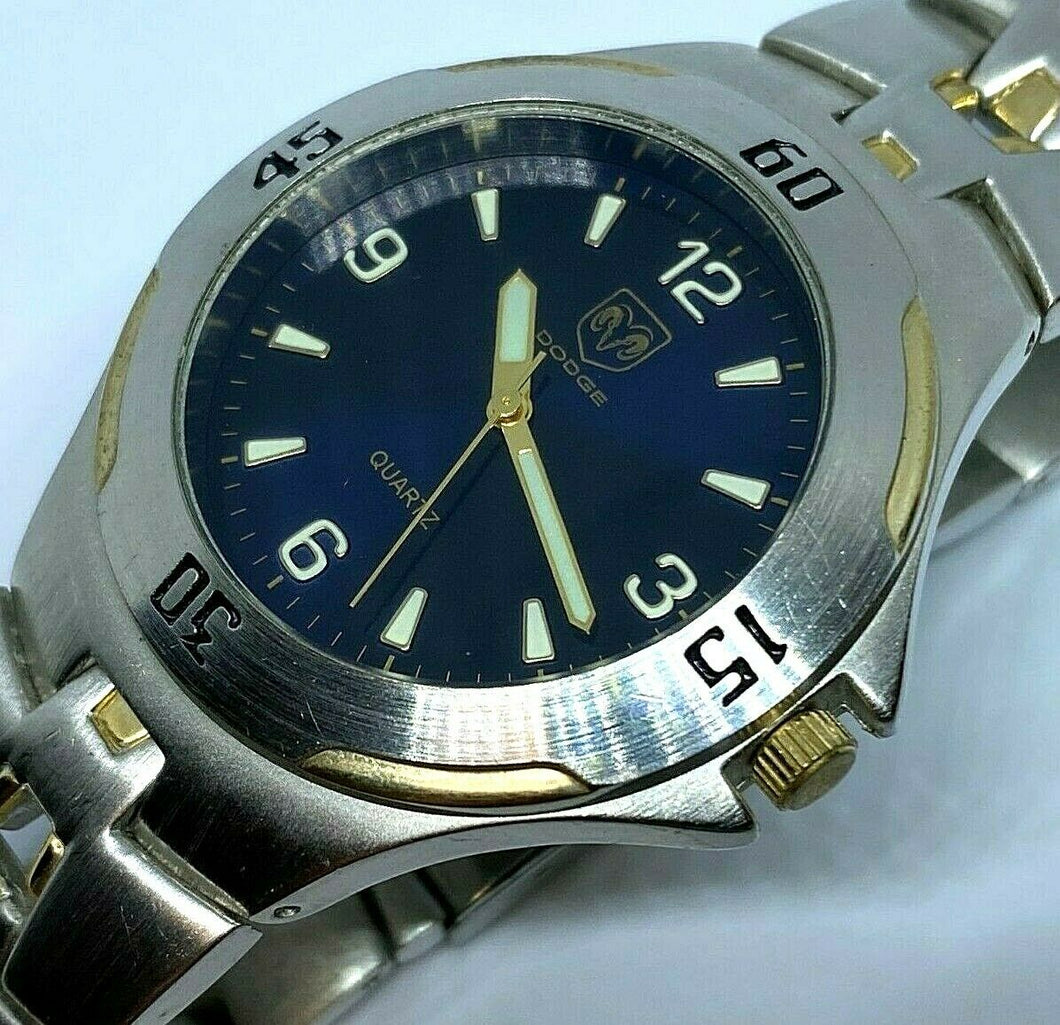 VTG Dodge Chrysler Men Japan Movt Silver Blue Analog Quartz Watch Hours~New Batt