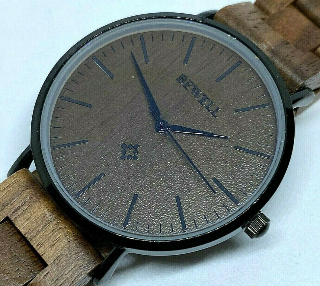 Unused Bewell Men Japan Movt Solid Wood Band Analog Quartz Watch Hour~New Batter