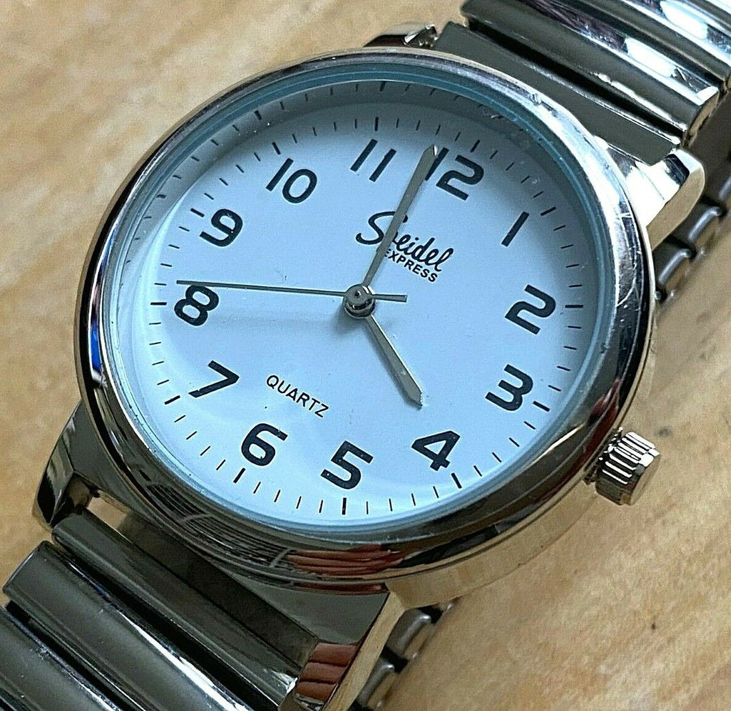 Speidel Express Mens Silver White Stretch Analog Quartz Watch Hours~New Battery