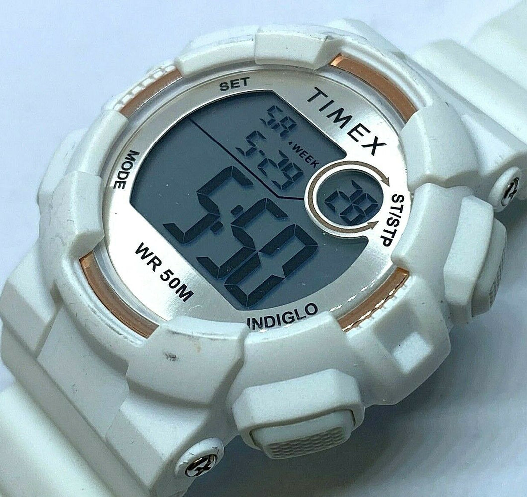 Unused Timex Indiglo Mens 50m White Digital Alarm Chrono Watch Hours~New Battery