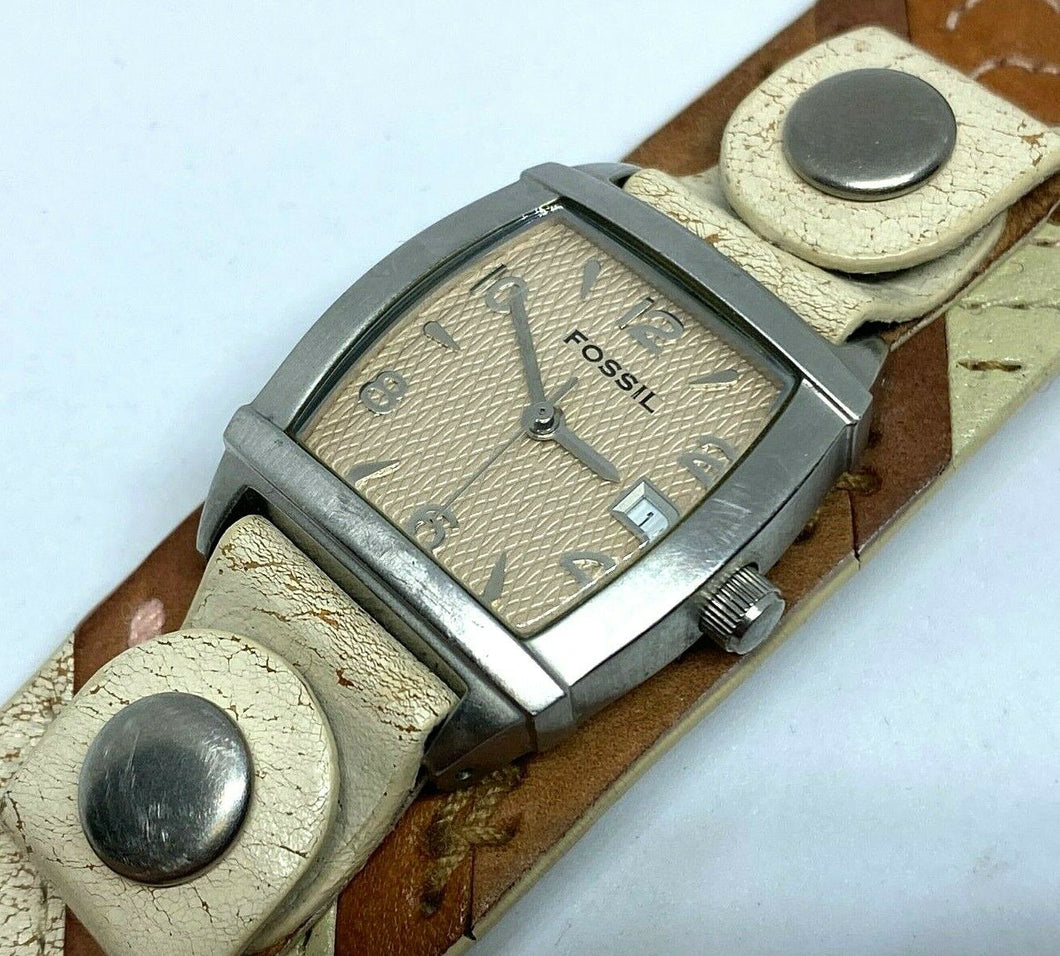 Fossil JR-9011 Lady 50m Wide Leather Bund Band Steel Quartz Watch Hours~New Batt