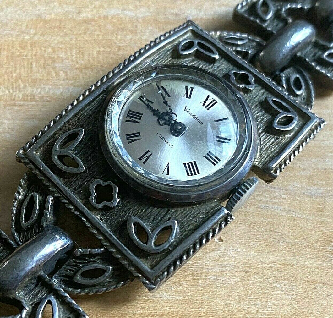 VTG Vendome Lady 17 Jewels Silver Ornate Roman Hand-Wind Mechanical Watch Hours