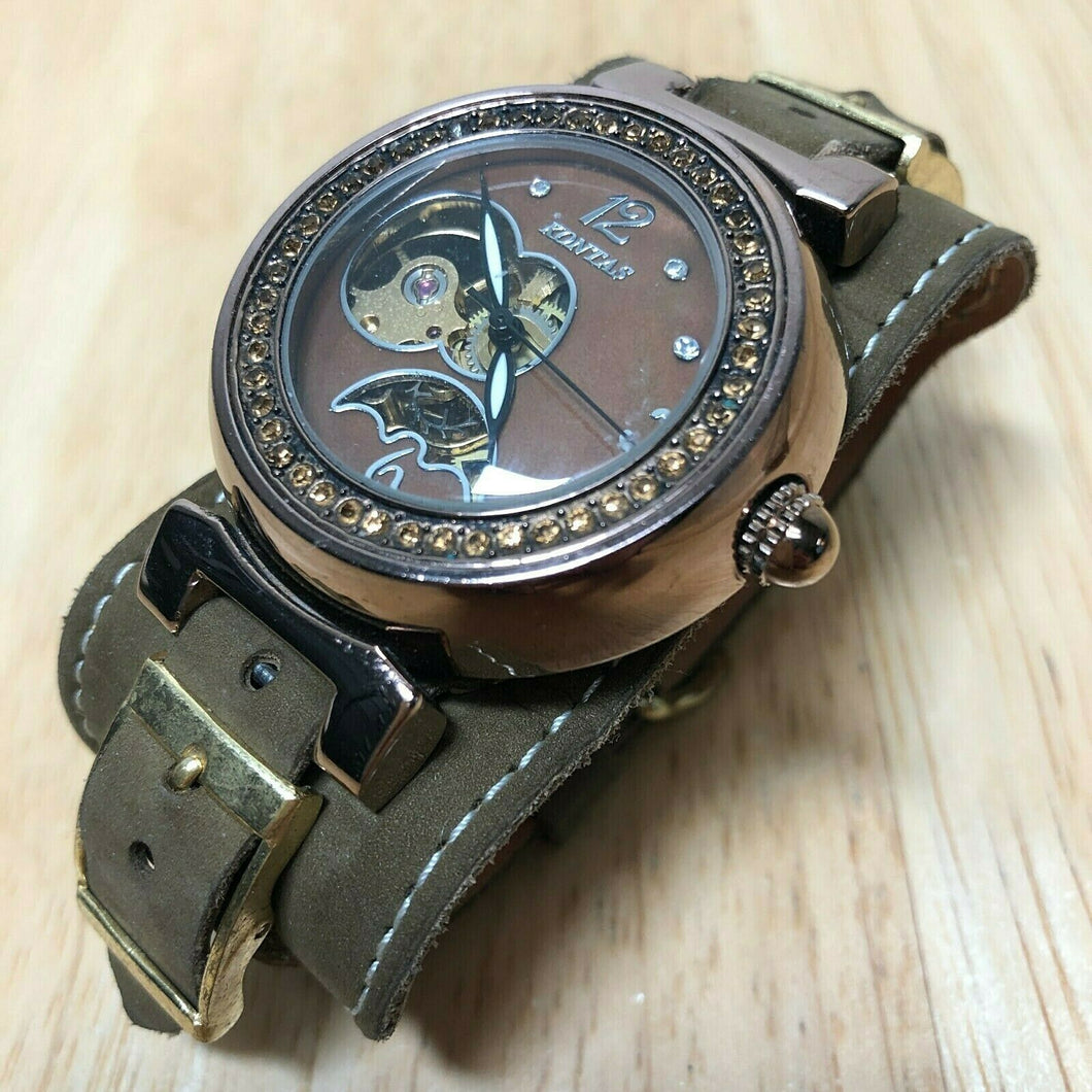 Kontas UFO Style Brown Rose Gold Tone Skeleton Self-Winding Automatic Watch Hour