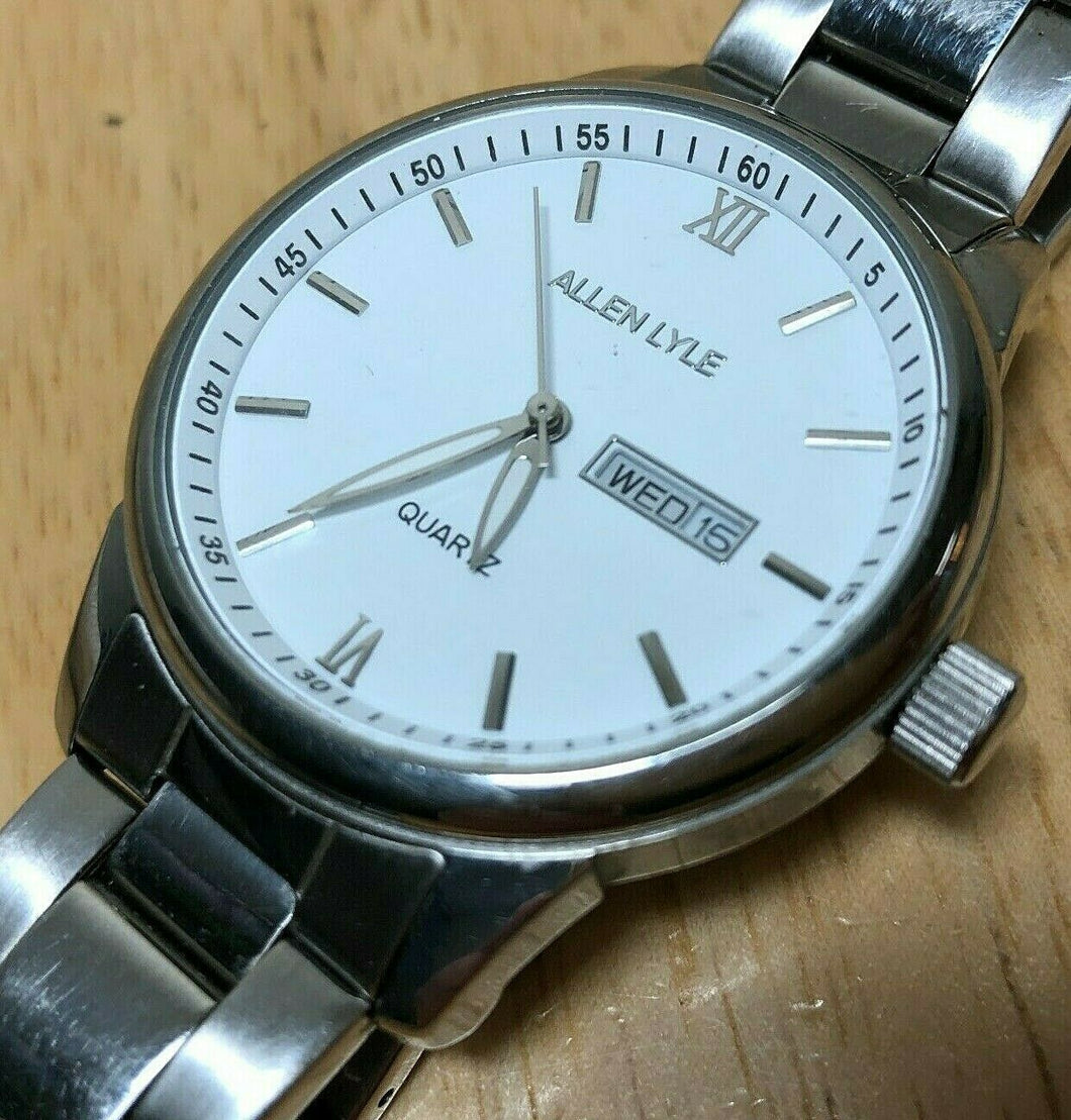 Allen Lyle Mens 30m Silver White Analog Quartz Watch Hours~Day Date~New Battery