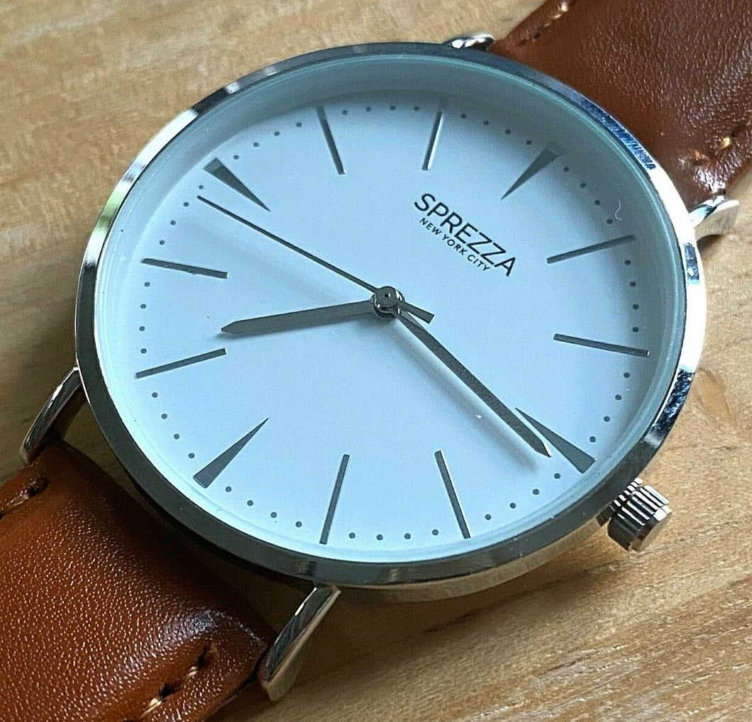 Unused SPREZZA Mens Silver White Thin Slim Analog Quartz Watch Hours~New Battery